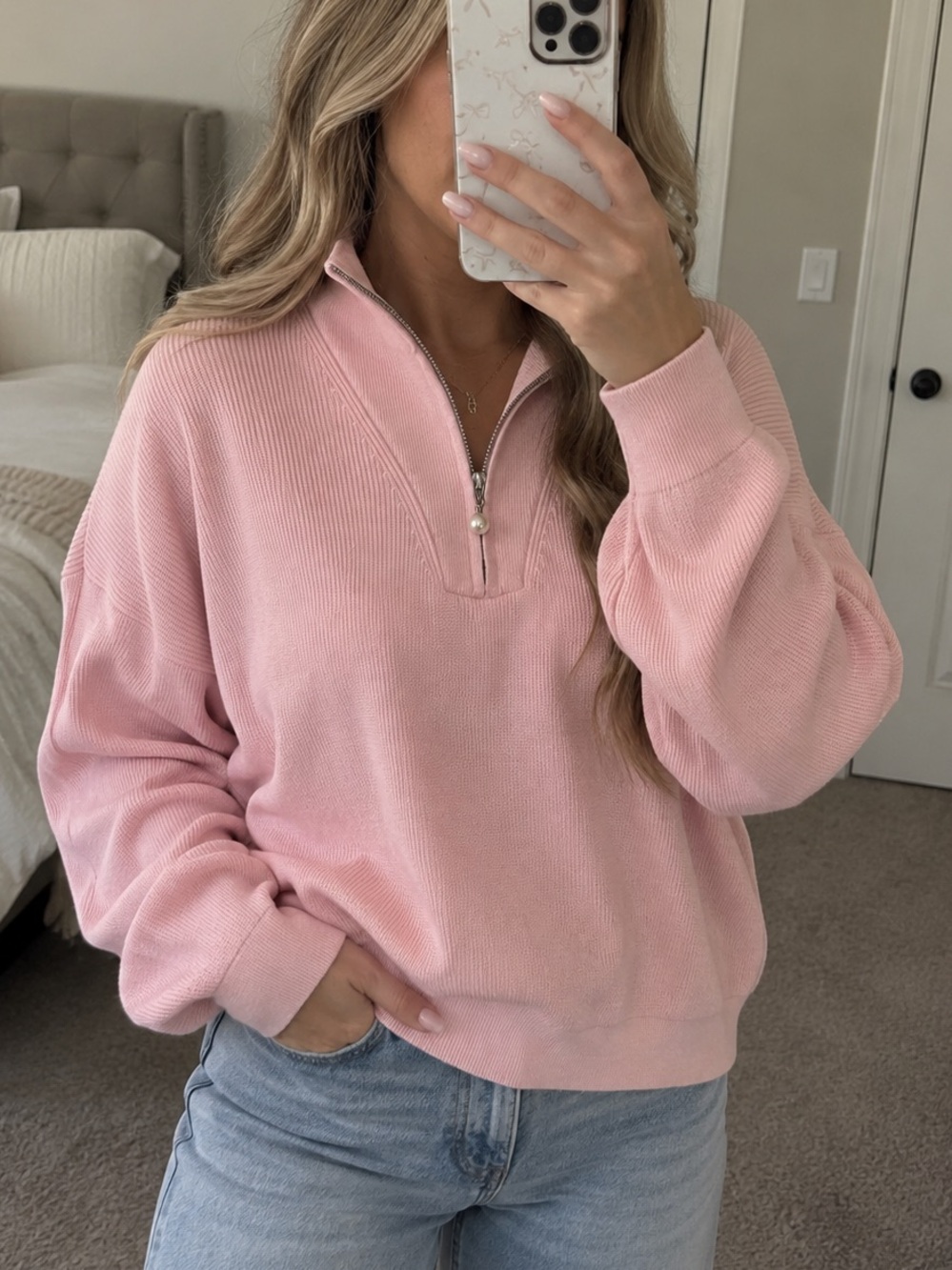 Brunette The Label Soft Pink Half-Zip Ribbed Pullover